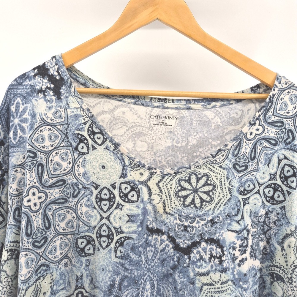 Catherines 3X Blue Medallion Paisley Print Top Plus Sz 26/28W Boho Peasant Knit - Picture 3 of 11